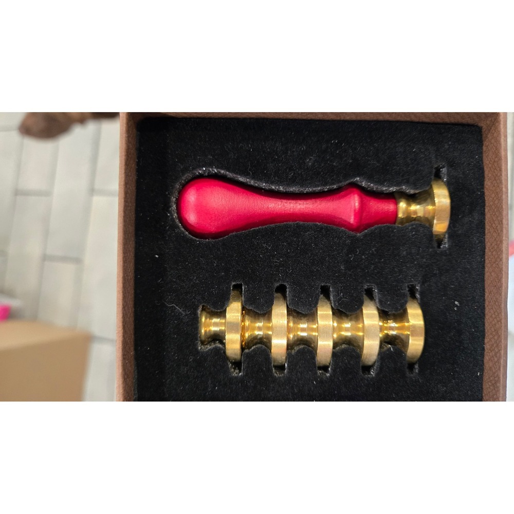 Vintage Wax Seal Stamp Set Red Wood Handle w Interchangeable Brass Heads